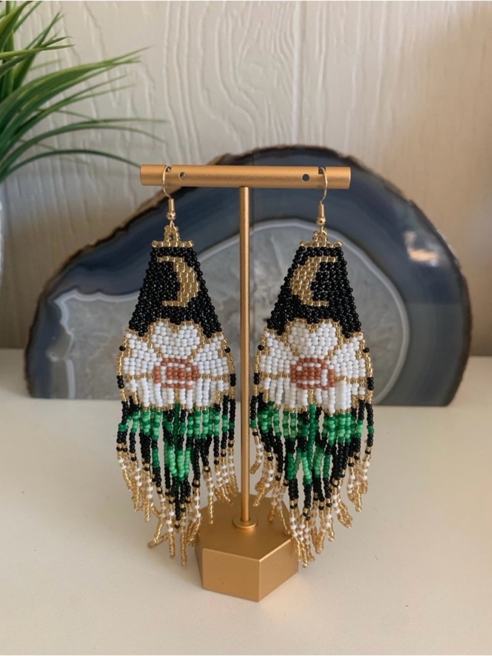Handmade Beaded Floral Fringe Earrings — Black, White & Green